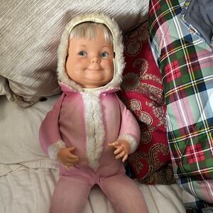 Pink Plush Baby Doll with White Trim